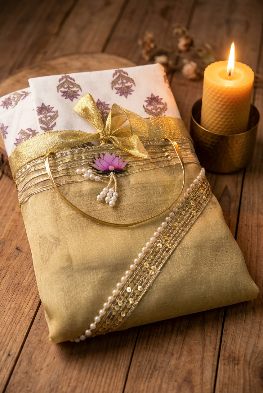 A folded light gold saree with a white and purple patterned border, wrapped with a shiny gold ribbon and bow, and decorated with a small pink lotus flower and white beads.