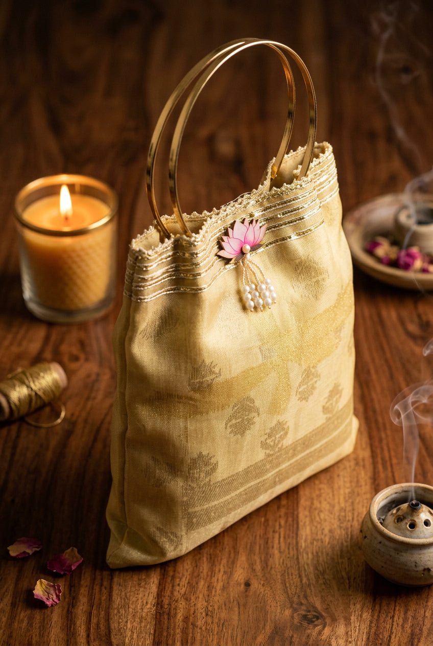 A light beige silk saree or fabric bag with a gold-tone metal handle, decorated with a small pink and white floral embellishment, resting on a dark wooden surface.