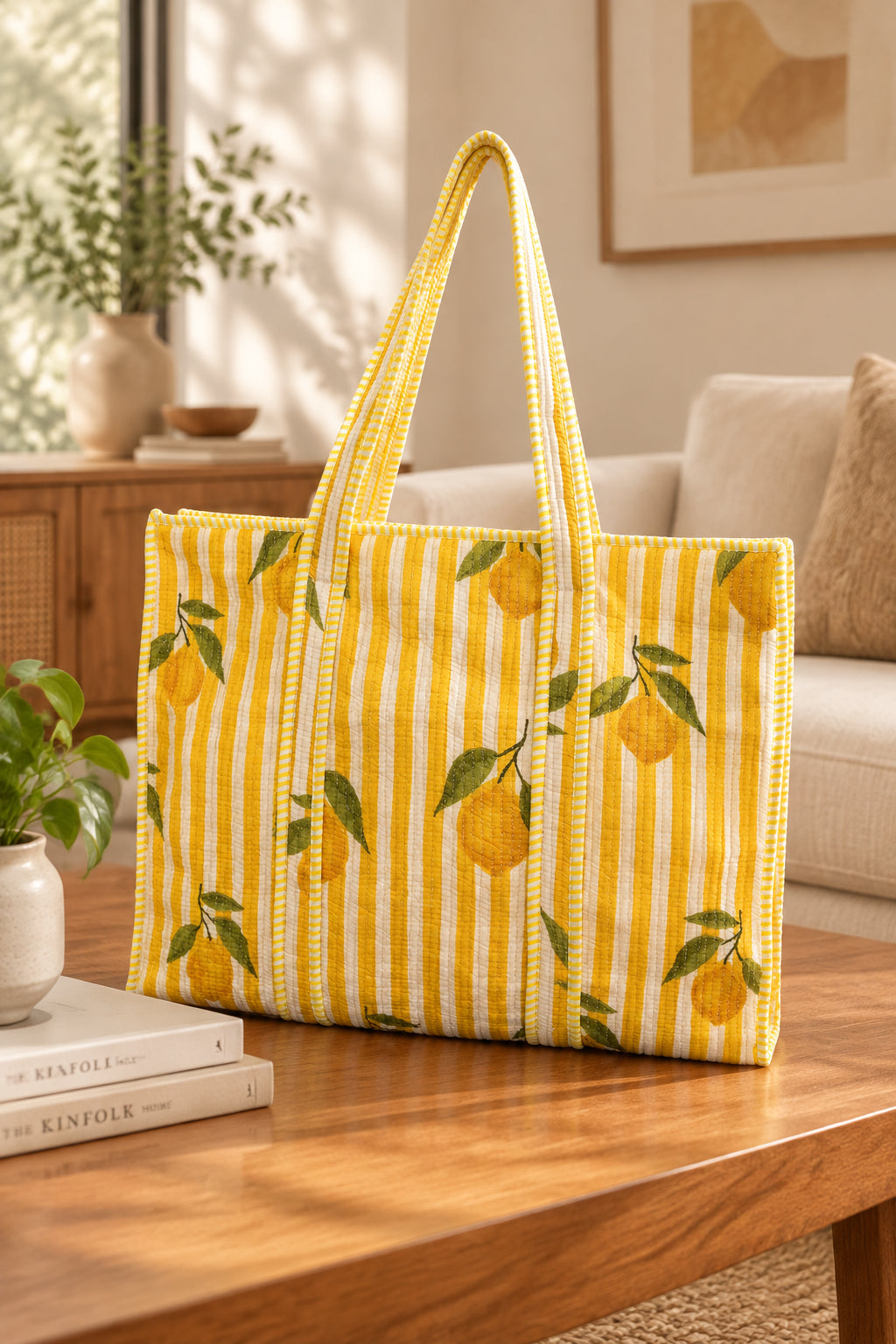 A yellow and white striped tote bag with a lemon print sits on a wooden table in a bright, modern living room setting.