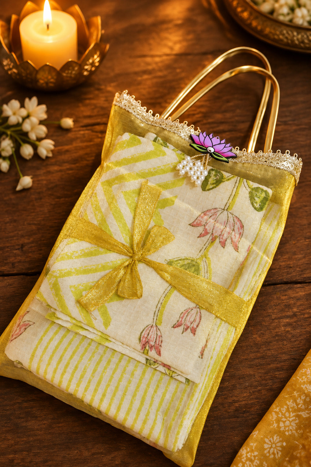 A folded fabric gift set or handkerchief bundle wrapped in a sheer yellow mesh pouch with gold handles, placed on a wooden surface with a lit candle, small white flowers, and decorative elements around it.
