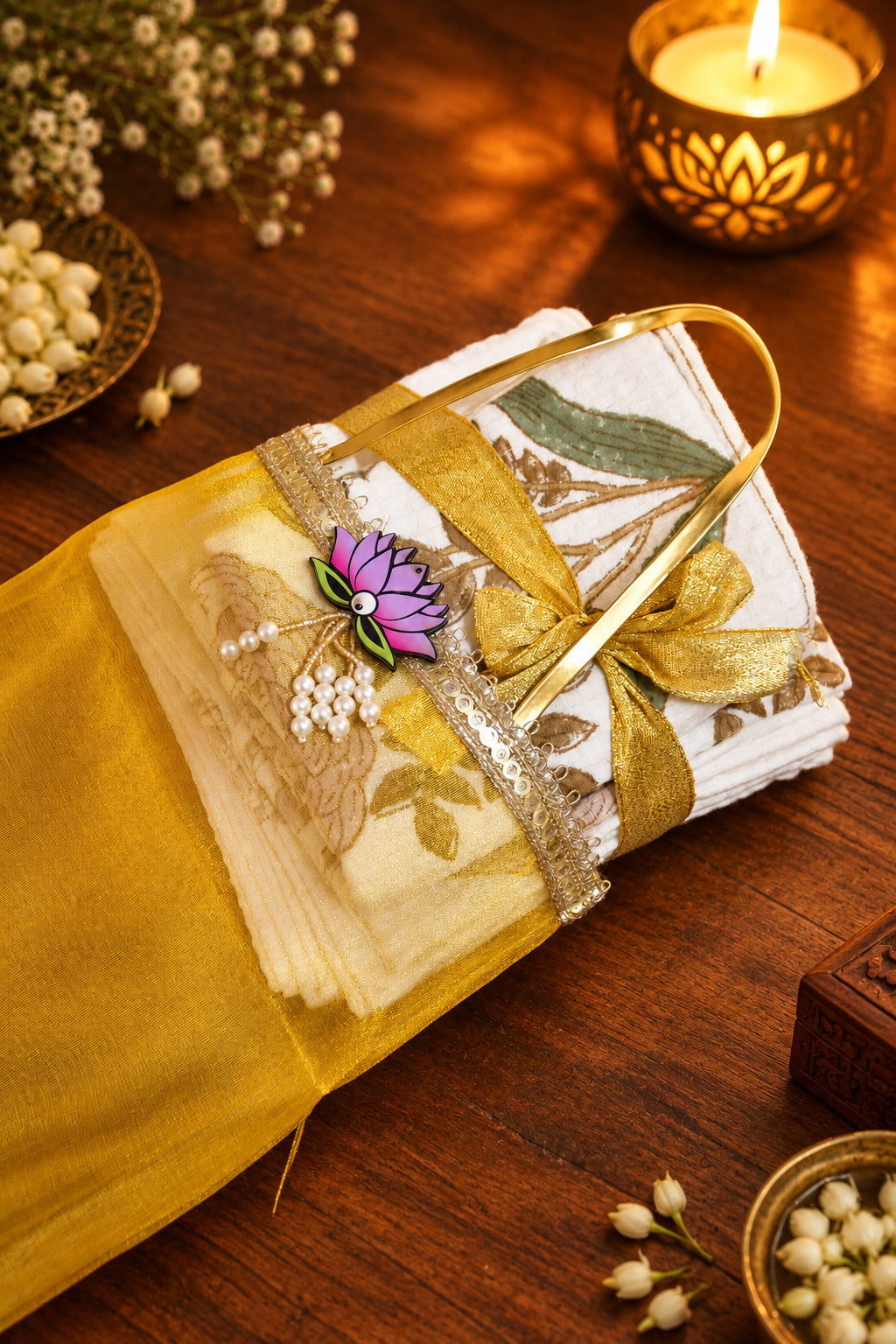 A folded white and gold embroidered fabric item, possibly a scarf or decorative cloth, wrapped in a sheer yellow organza sleeve with a gold ribbon and bow. The fabric features floral embroidery in green, gold, and pink, with a small embroidered lotus pin.