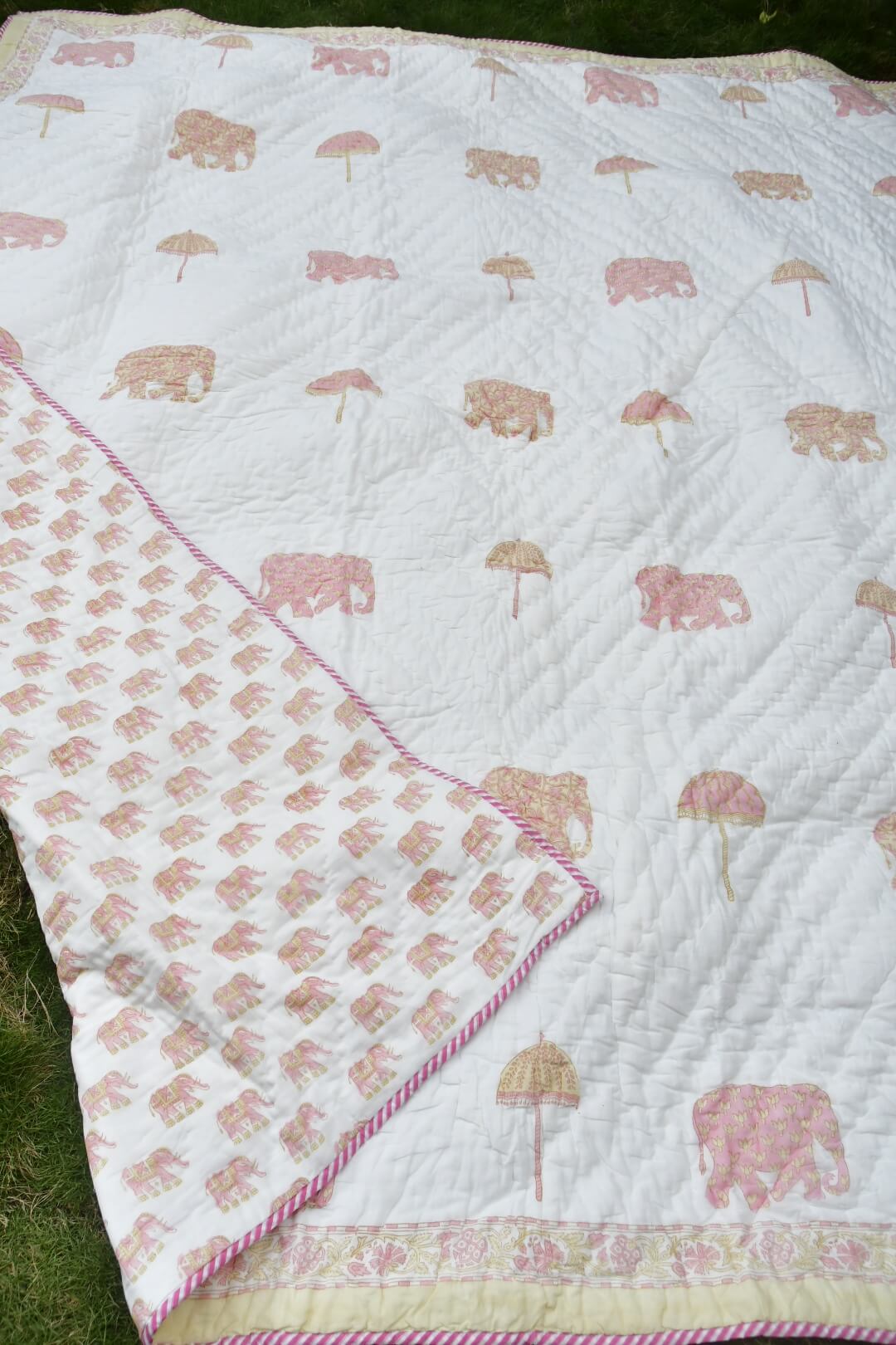 Pink Elephant hand block printed reversible mulmul cotton Jaipuri quilt 90 × 108 inches