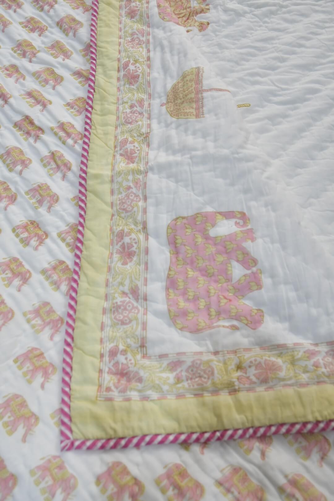 Pink Elephant hand block printed reversible mulmul cotton Jaipuri quilt 90 × 108 inches