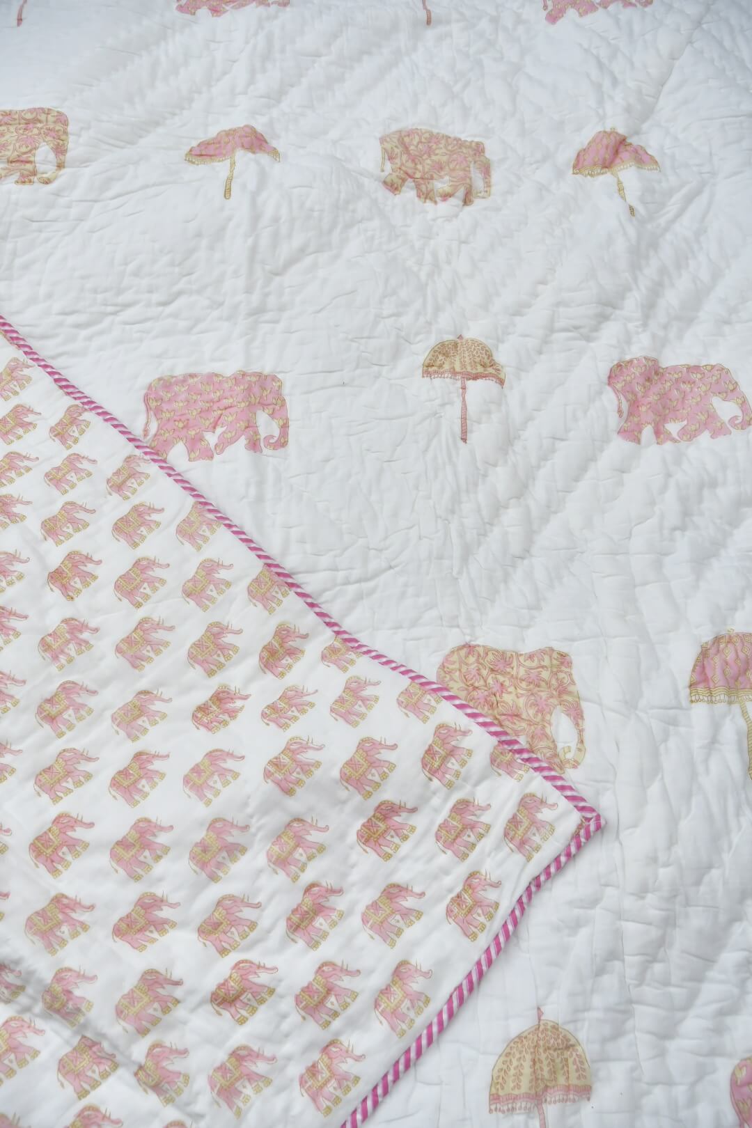 Pink Elephant hand block printed reversible mulmul cotton Jaipuri quilt 90 × 108 inches