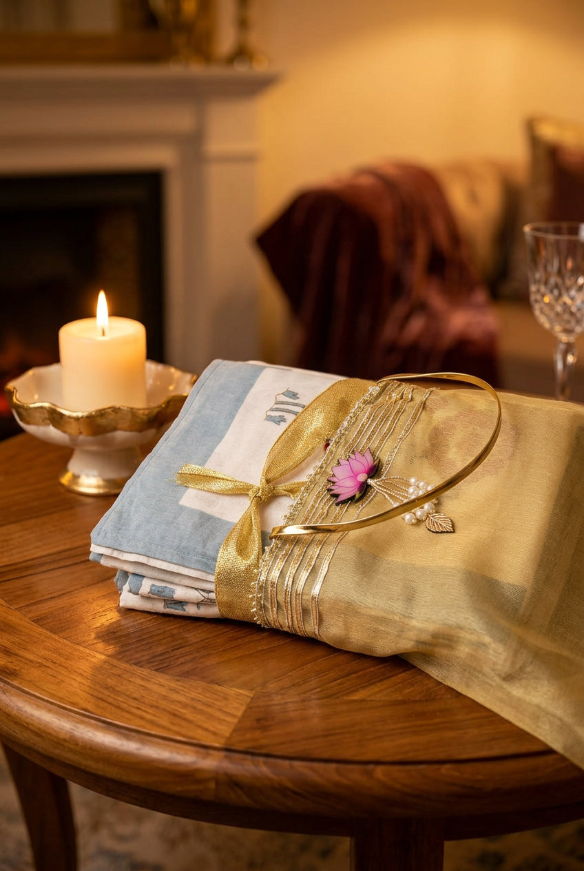 A folded light blue and white fabric item, likely a scarf or shawl, wrapped in a sheer olive-gold mesh sleeve decorated with a gold ribbon, metallic trim, a small pink flower, and white pearl-like beads, resting on a dark surface.