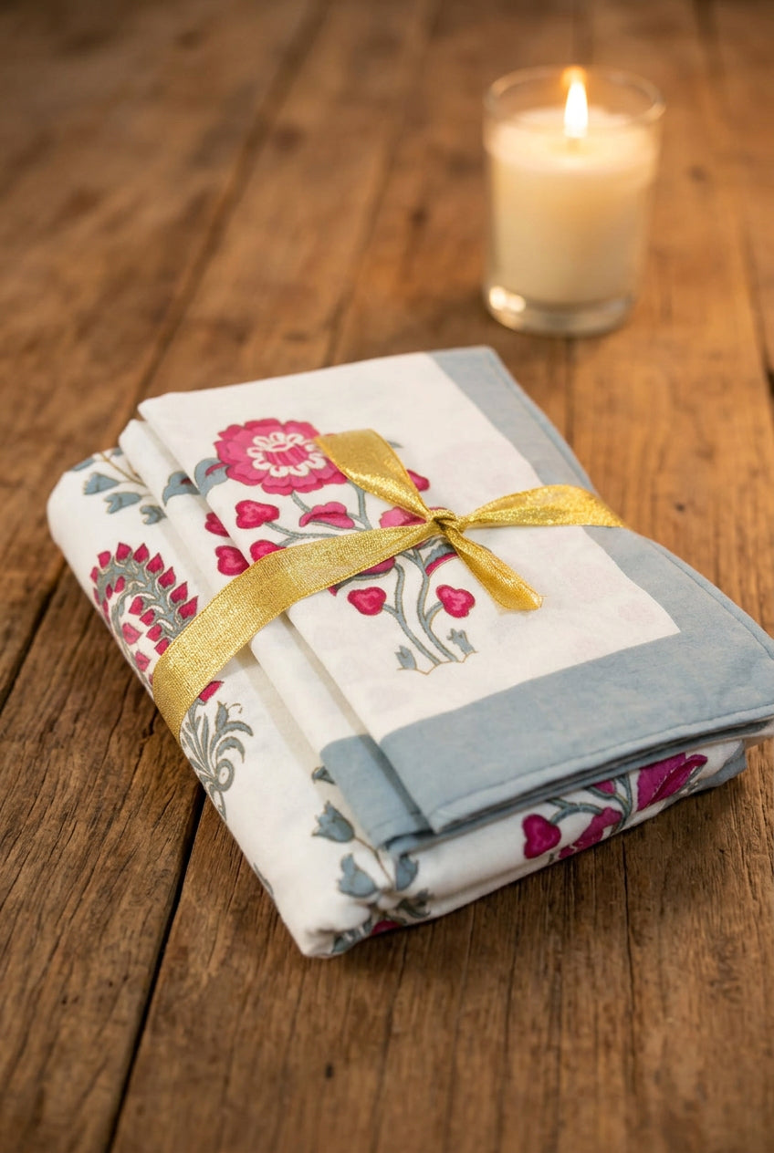 A folded white cotton tablecloth with a pink and green floral block print and a light blue border, tied with a shiny gold ribbon, resting on a dark wooden table.