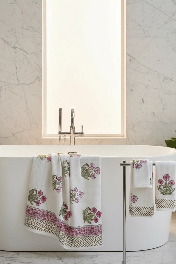 A white cotton bath towel with a pink and green floral print and a patterned border, draped over a modern white freestanding bathtub in a bright bathroom.