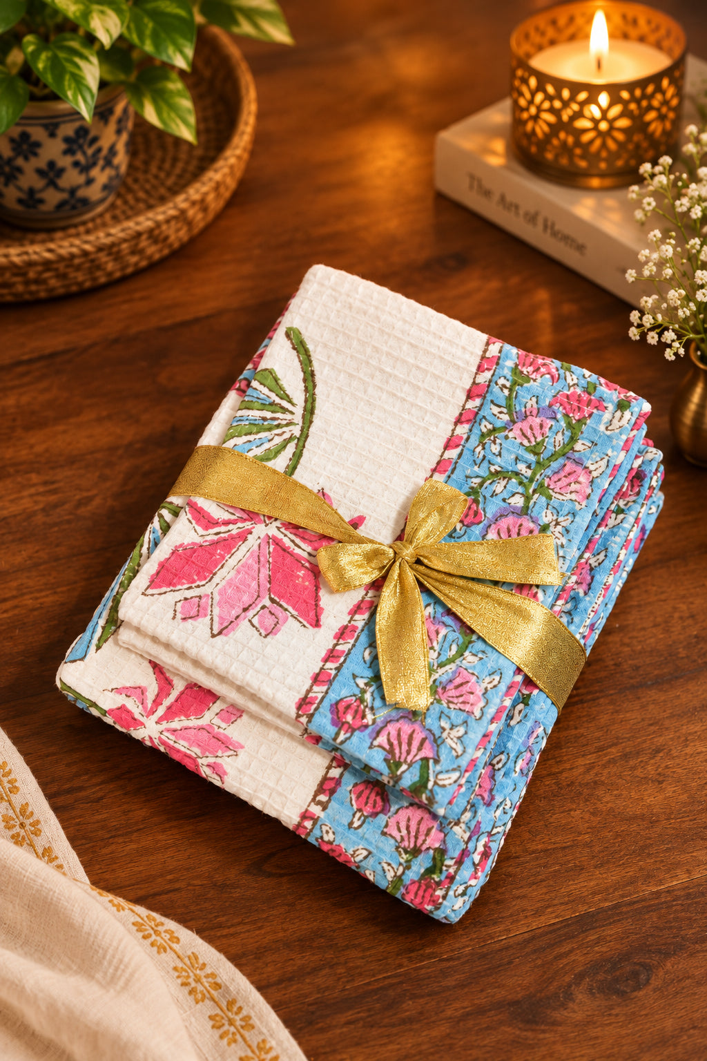 A folded textile item, likely a quilt or blanket, featuring a multicolor floral and geometric block-print pattern in pink, blue, green, and white, wrapped with a shiny gold ribbon on a dark wooden surface.