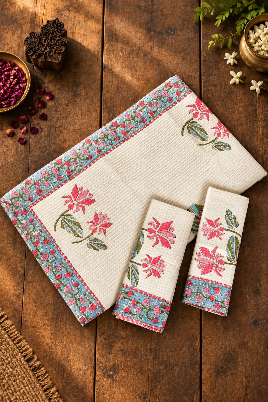 A coordinated Towel set laid out on a rustic wooden surface, including a large rectangular cloth, two smaller matching pieces, and decorative dried flowers and greenery around them. The fabrics are off-white/cream with pink floral motifs and blue-green patterned borders.