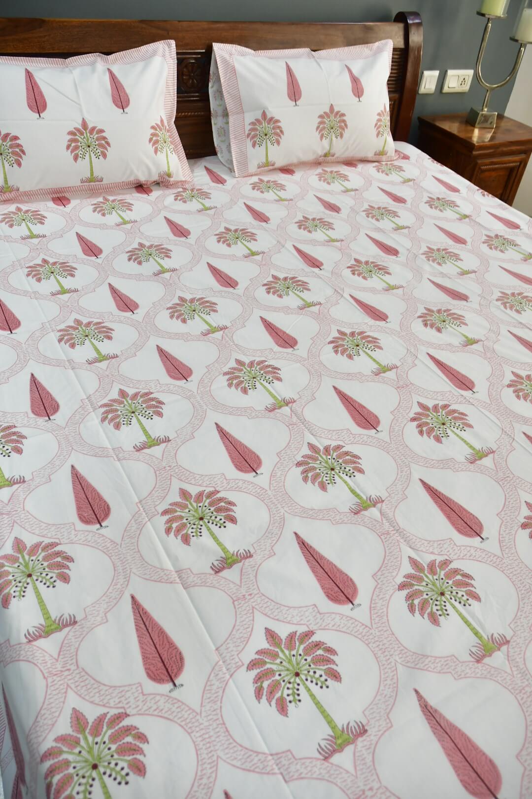 Pink Palm Jaal hand block printed cotton bedsheet with matching pillow covers