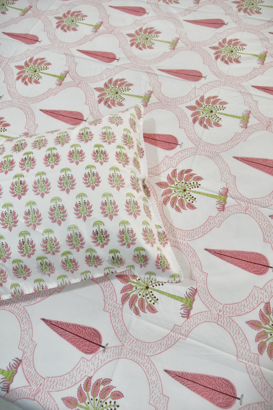 Pink Palm Jaal hand block printed cotton bedsheet with matching pillow covers