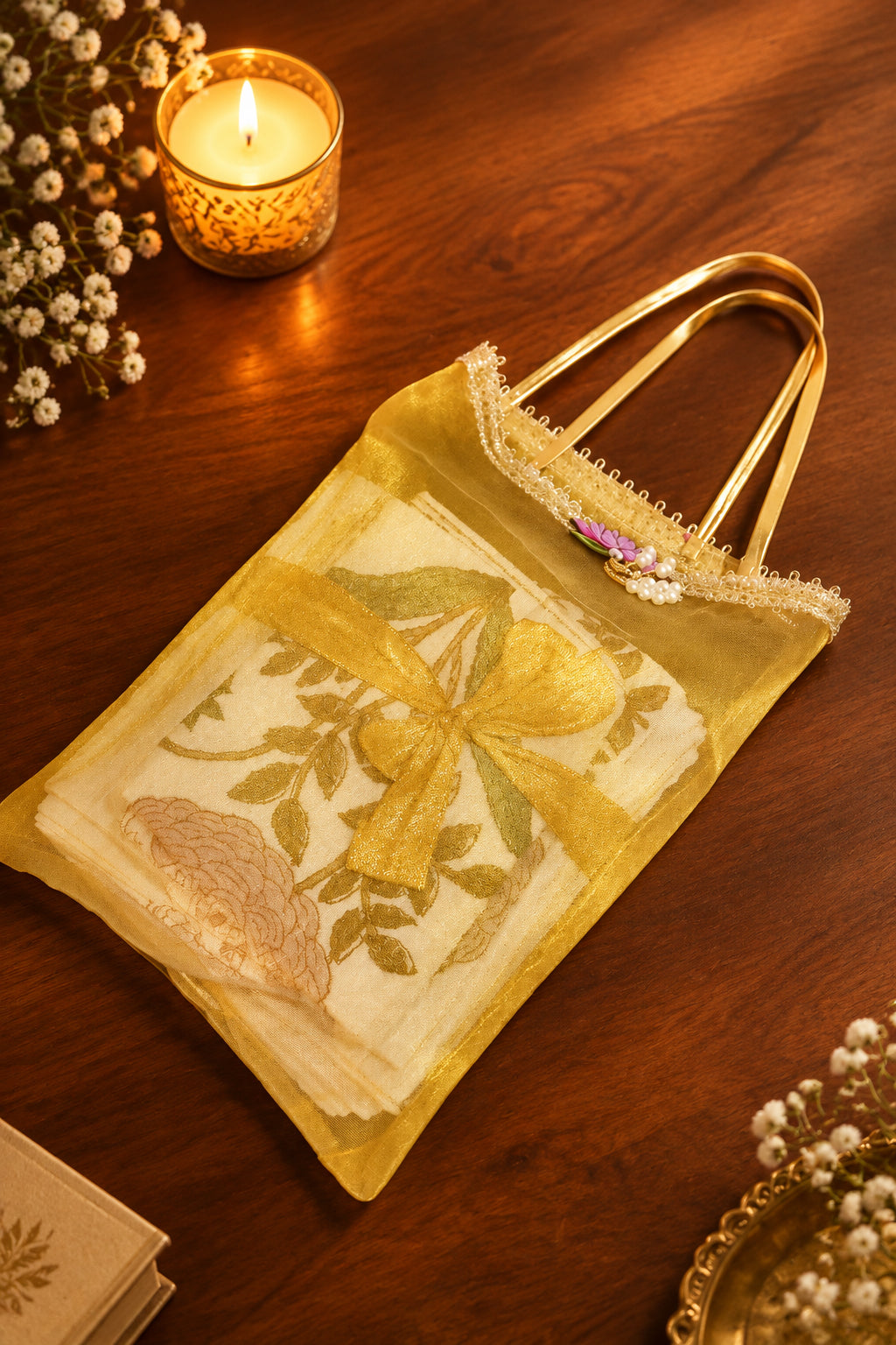 A yellow sheer mesh handbag with gold-tone metal handles, featuring a white embroidered bow and floral pattern on the front, resting on a dark wooden surface.