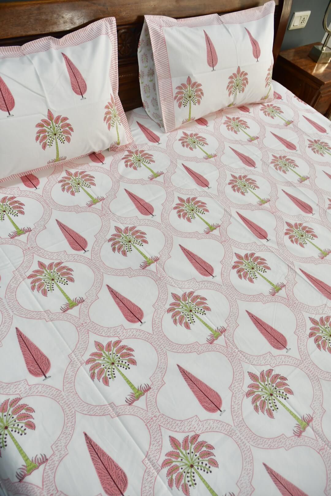 Pink Palm Jaal hand block printed cotton bedsheet with matching pillow covers