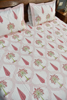 Pink Palm Jaal hand block printed cotton bedsheet with matching pillow covers