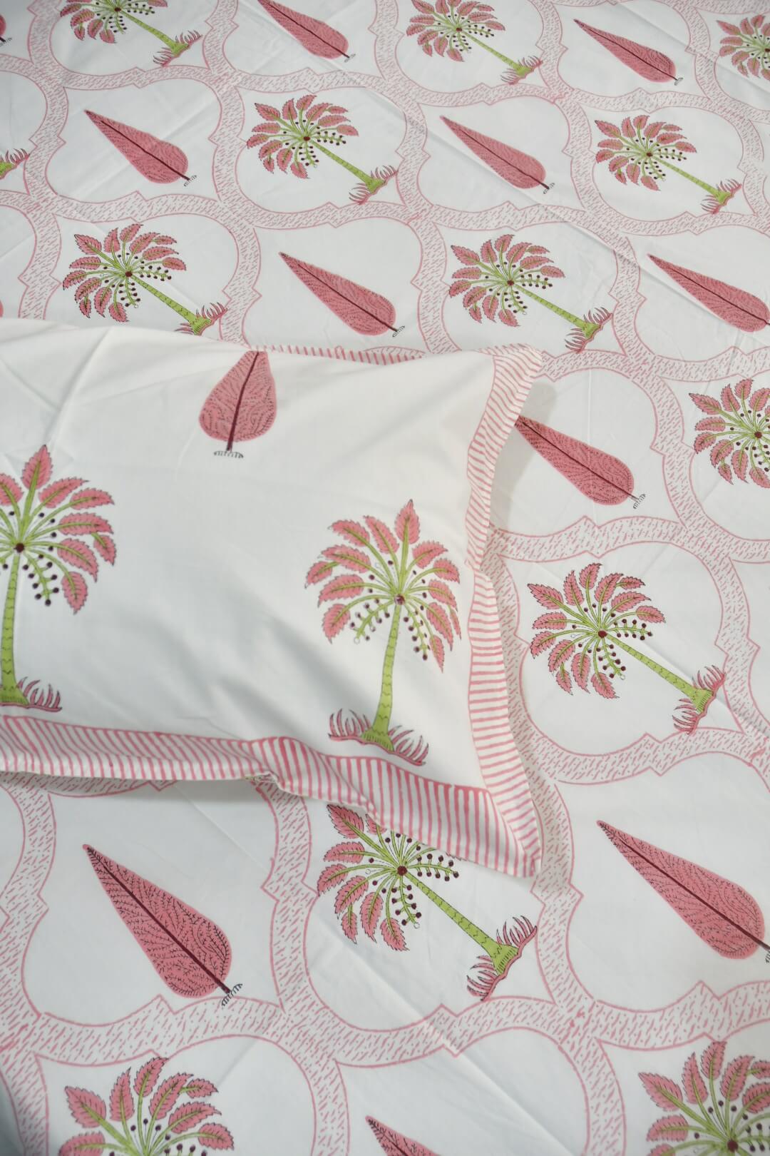 Pink Palm Jaal hand block printed cotton bedsheet & matching pillow covers