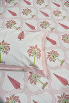 Pink Palm Jaal hand block printed cotton bedsheet & matching pillow covers