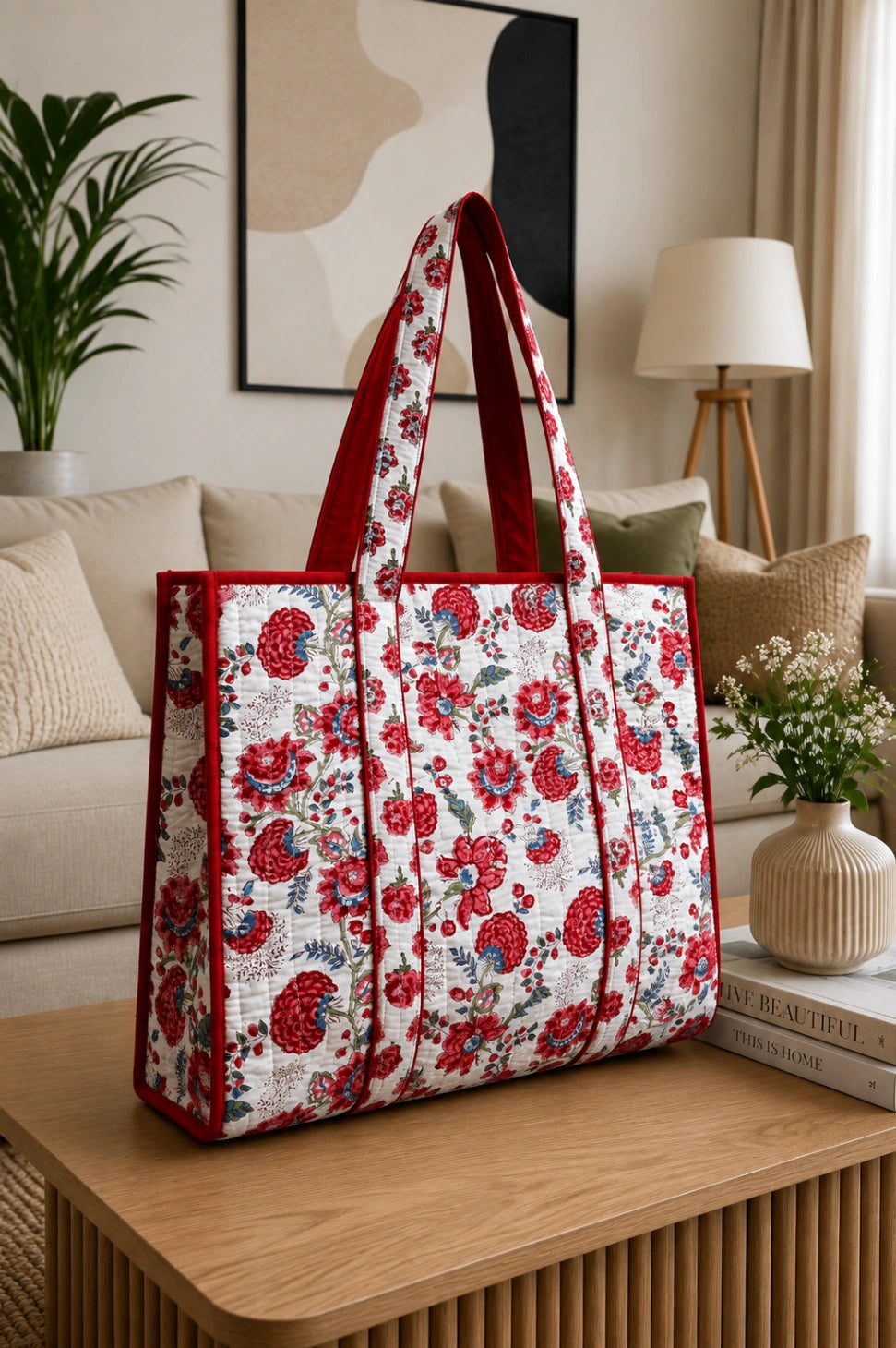 A large tote bag with a red and blue floral print on a white background, featuring red handles and red trim, sitting on a wooden table in a cozy living room setting.