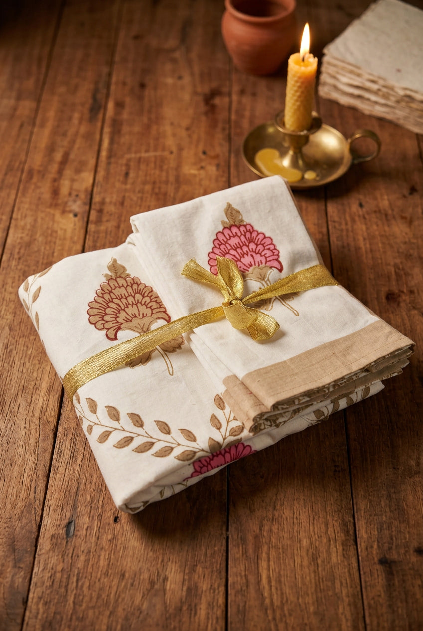 A folded white fabric item, likely a napkin or small cloth, decorated with embroidered floral motifs in pink and brown, tied with a shiny gold ribbon, resting on a dark wooden surface.