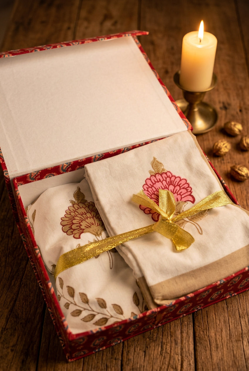 A folded gift set of white embroidered cotton textiles, likely handkerchiefs or napkins, presented in an open decorative box with a red patterned lining and tied with a gold ribbon. The textiles feature pink and gold floral embroidery and gold leaf motifs.