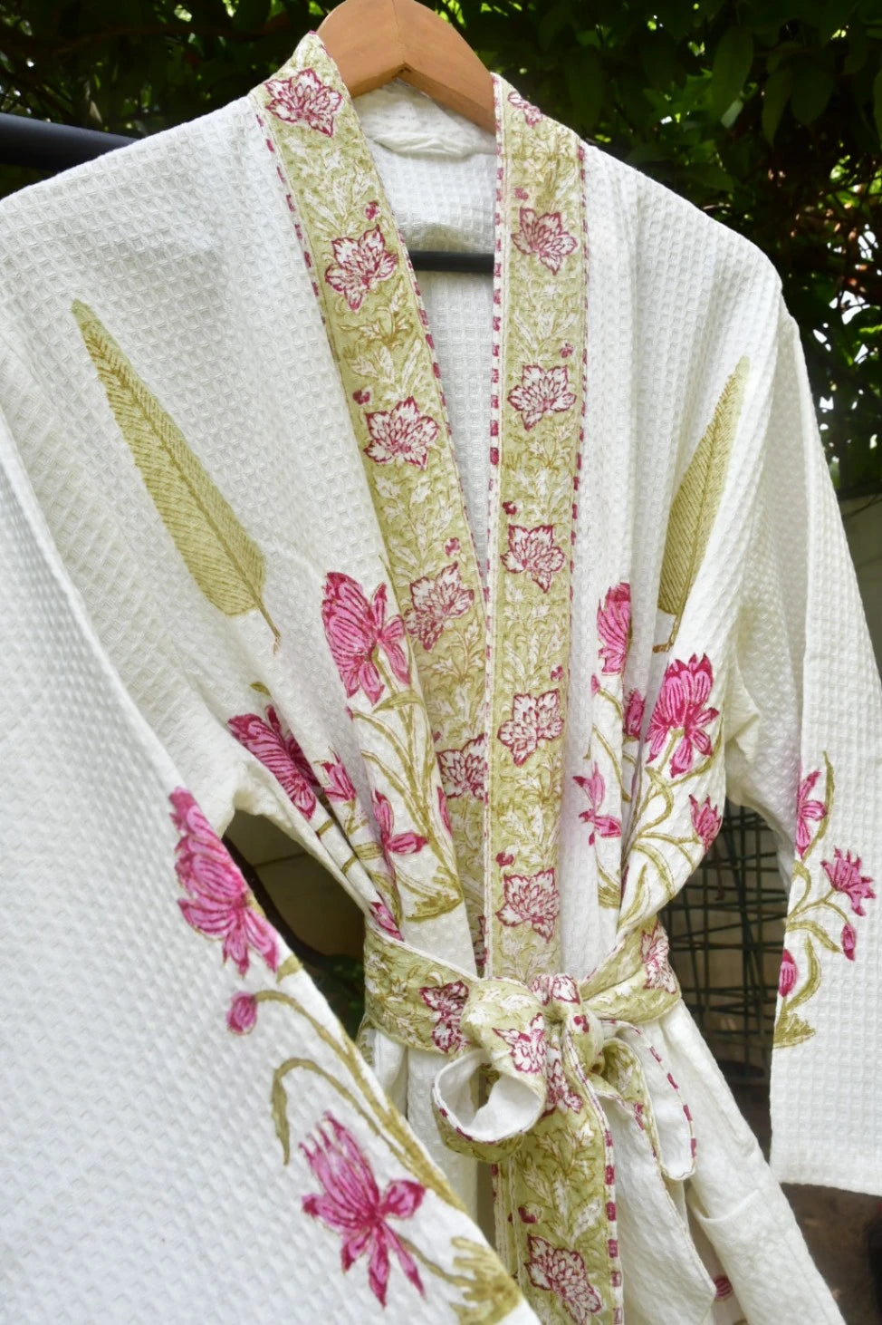 Royal Pink Lilies Waffle Cotton Bathrobe for Women | Hand Block Printed
