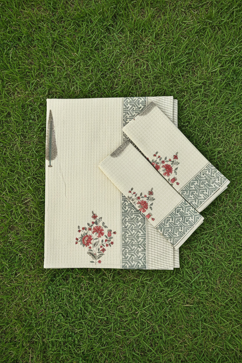 Set of decorative towels with floral patterns on a floral-patterned background
