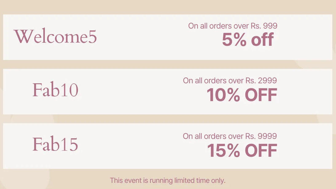 Promotional text overlay with discount offers on a beige background