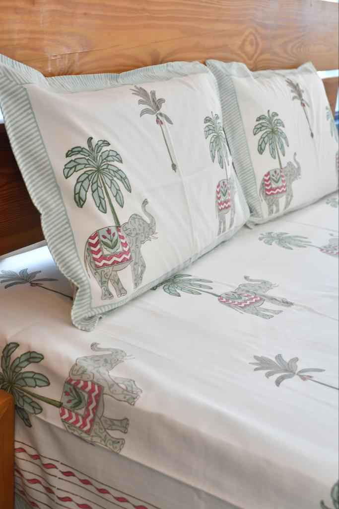 Royal Elephant Bedsheet | Hand-Blocked Design : Majestic Charm