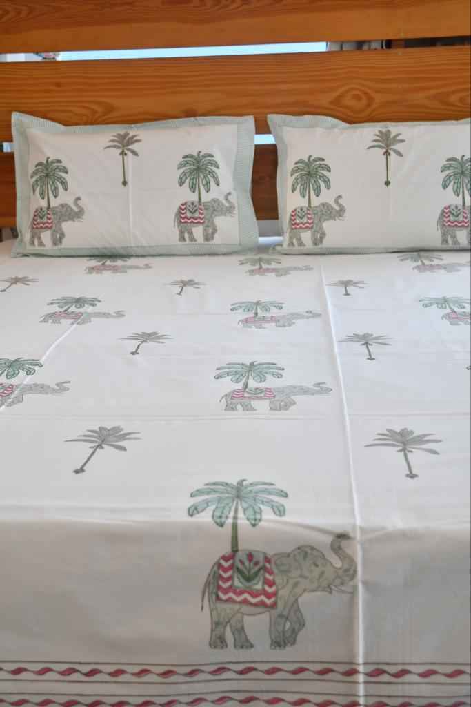 Royal Elephant Bedsheet | Hand-Blocked Design : Majestic Charm