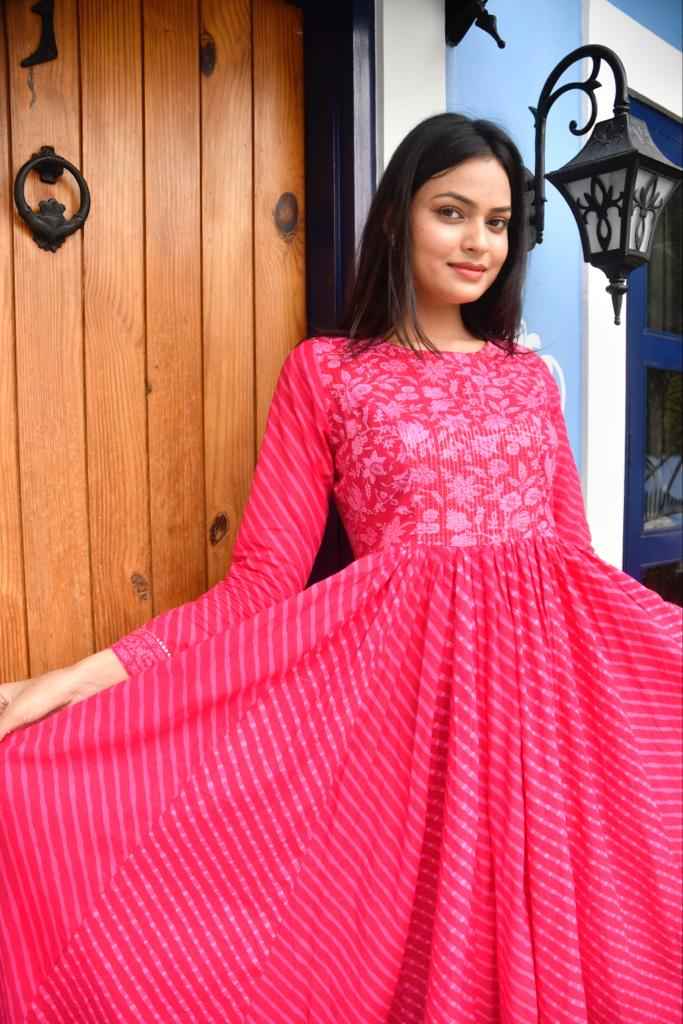 Pink Lehariya Anarkali Kurta: Rajasthani Charm