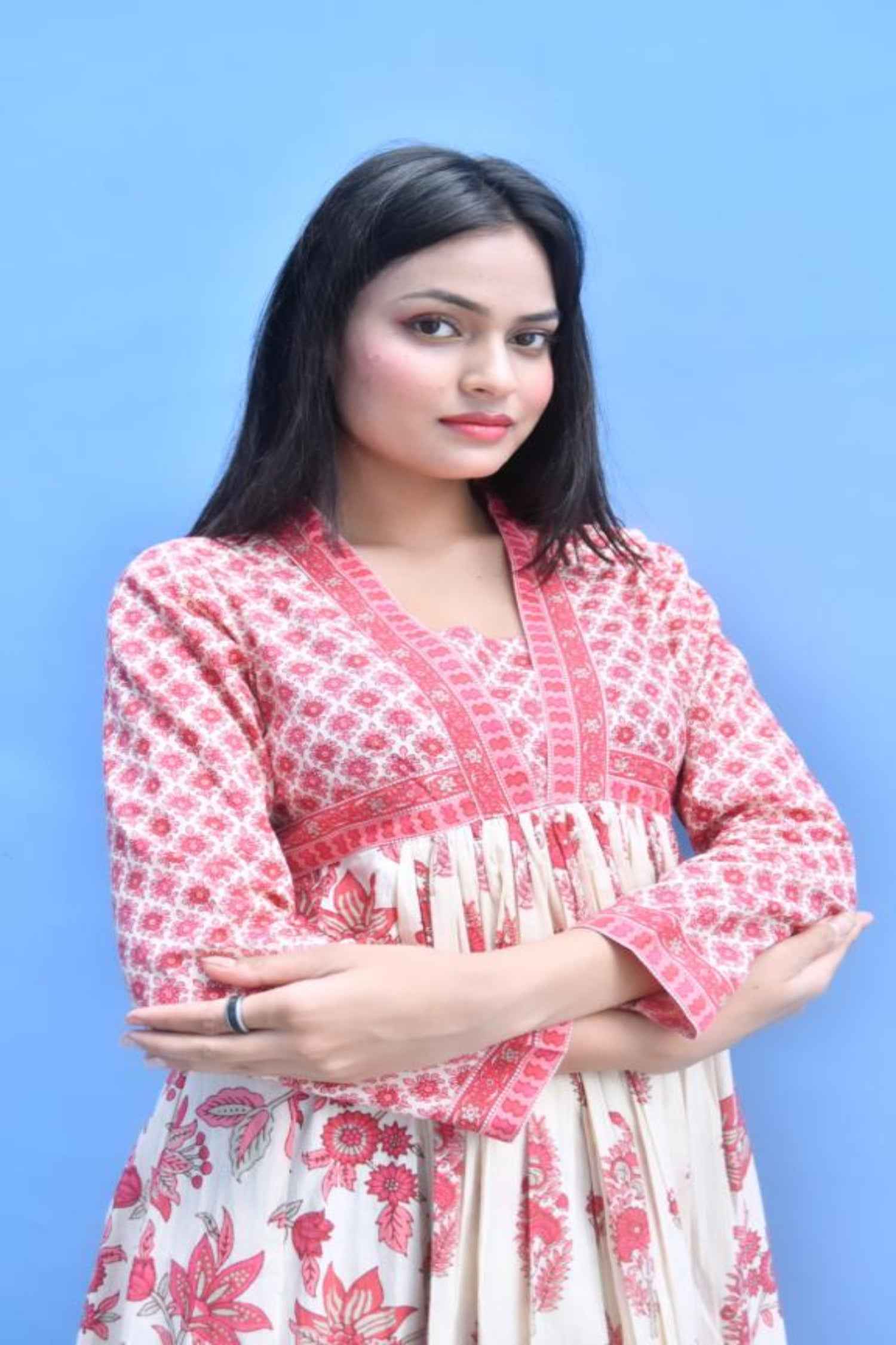 Cream Floral Anarkali Kurta Traditional Handblocked