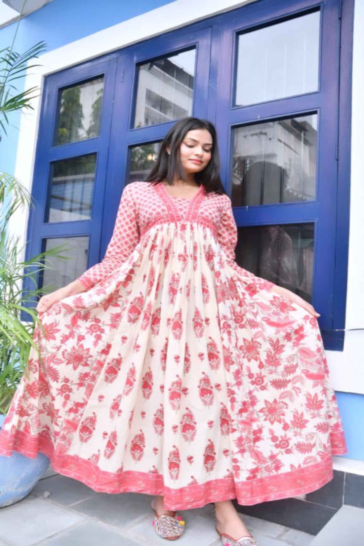 Cream Floral Anarkali Kurta Traditional Handblocked