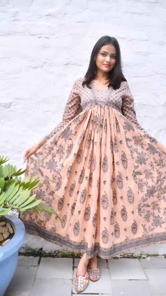 Hand Block Blush Floral Anarkali Kurta handblocked