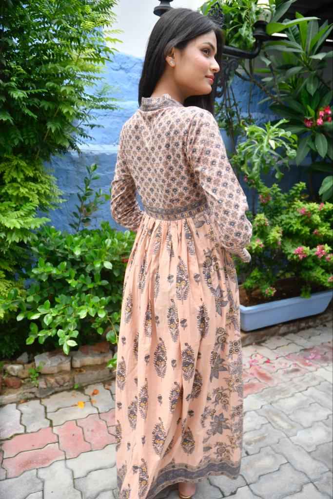 Hand Block Blush Floral Anarkali Kurta handblocked