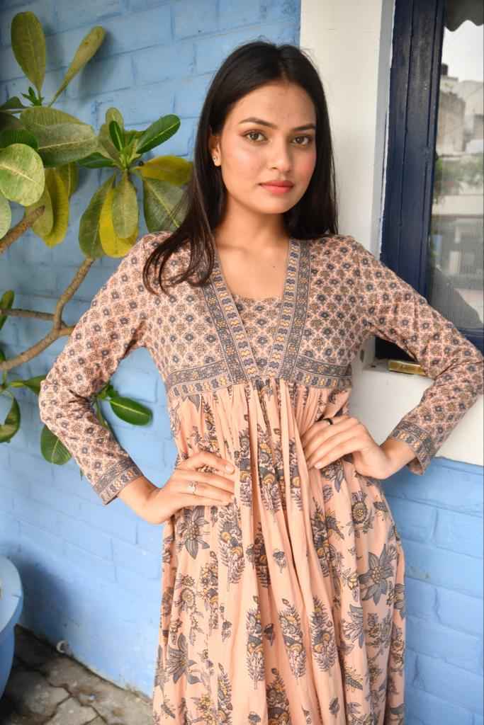Hand Block Blush Floral Anarkali Kurta handblocked