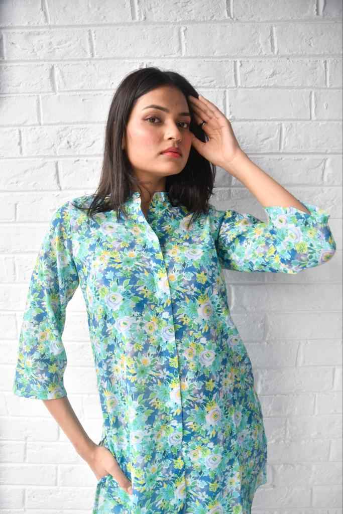 Green Floral Co-ord set Handblock: Lightweight fabric