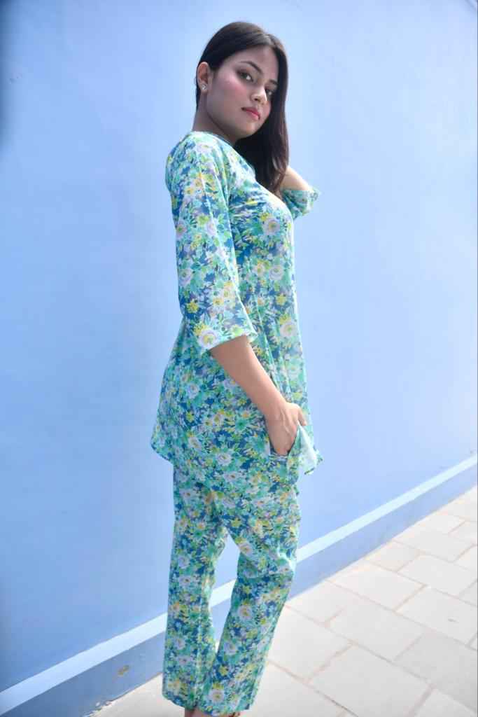 Green Floral Co-ord set Handblock: Lightweight fabric