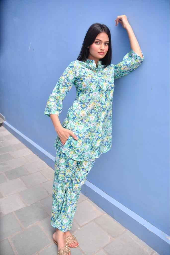 Green Floral Co-ord set Handblock: Lightweight fabric