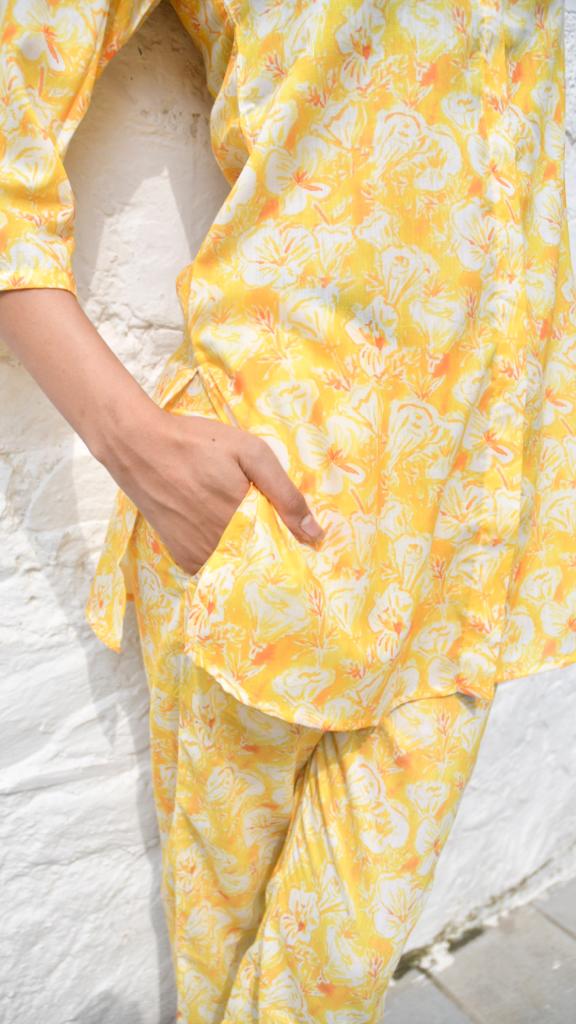 Yellow n White Floral Co-ord set Jaipuri