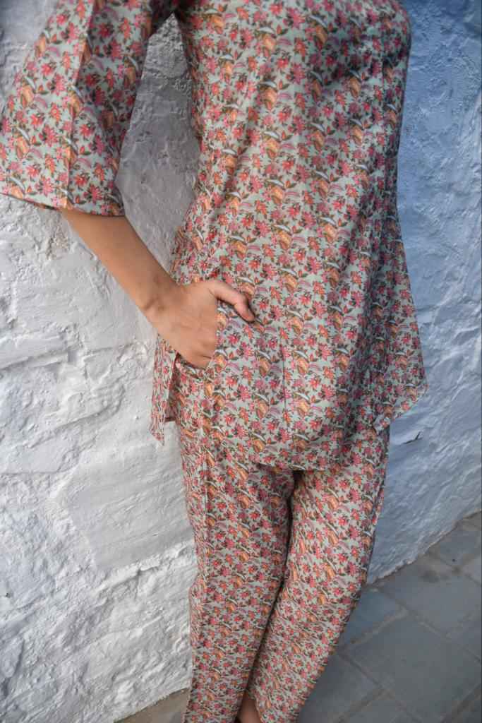 Classic Floral Handcrafted Co-ord set :  lightweight fabric