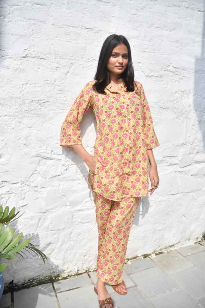 Mustard Green Co-Ord Set,Floral Print, Soft Cotton