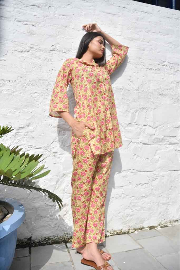 Mustard Green Co-Ord Set,Floral Print, Soft Cotton