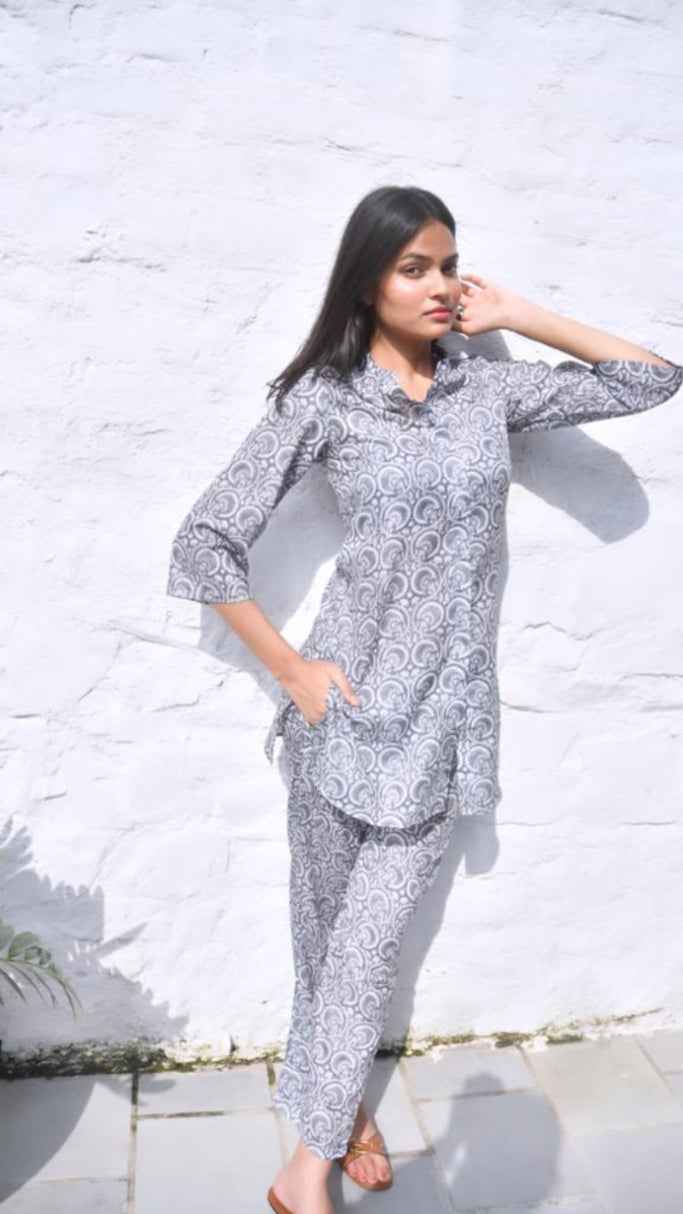 Grey Floral Co-ord Set Jaipuri Handblock