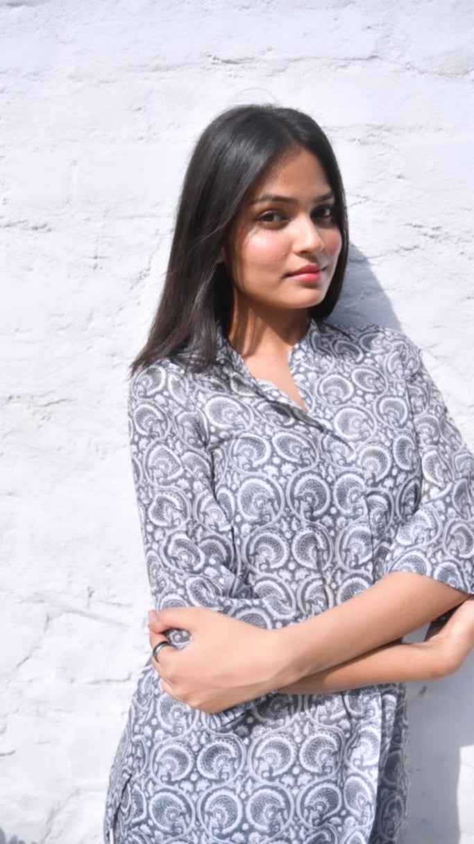 Grey Floral Co-ord Set Jaipuri Handblock