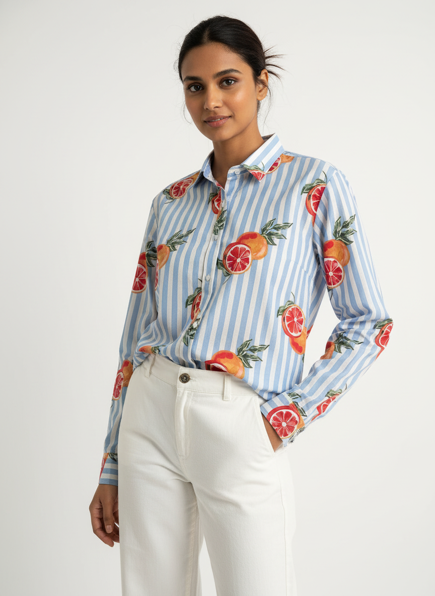 Woman wearing a blue striped shirt with fruit pattern and white pants on a plain background