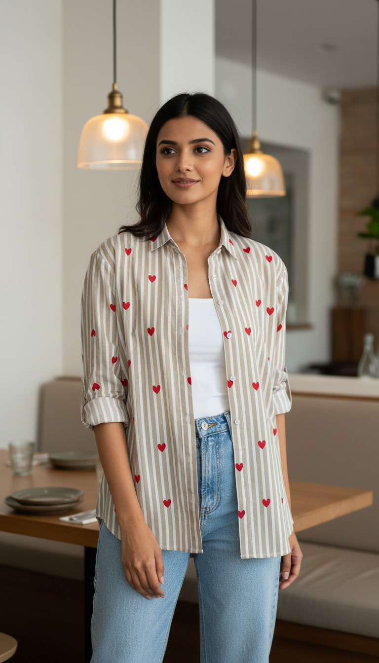 Woman wearing a patterned shirt with red hearts in a kitchen setting