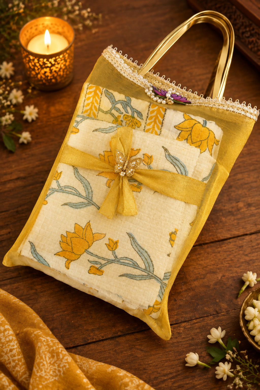 A decorative fabric handbag with a floral print, gold handles, and a yellow ribbon bow, styled on a wooden table with a lit candle and small white flowers.