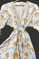 Yellow Lotus Hand Block Printed Waffle Cotton Bathrobe for Women