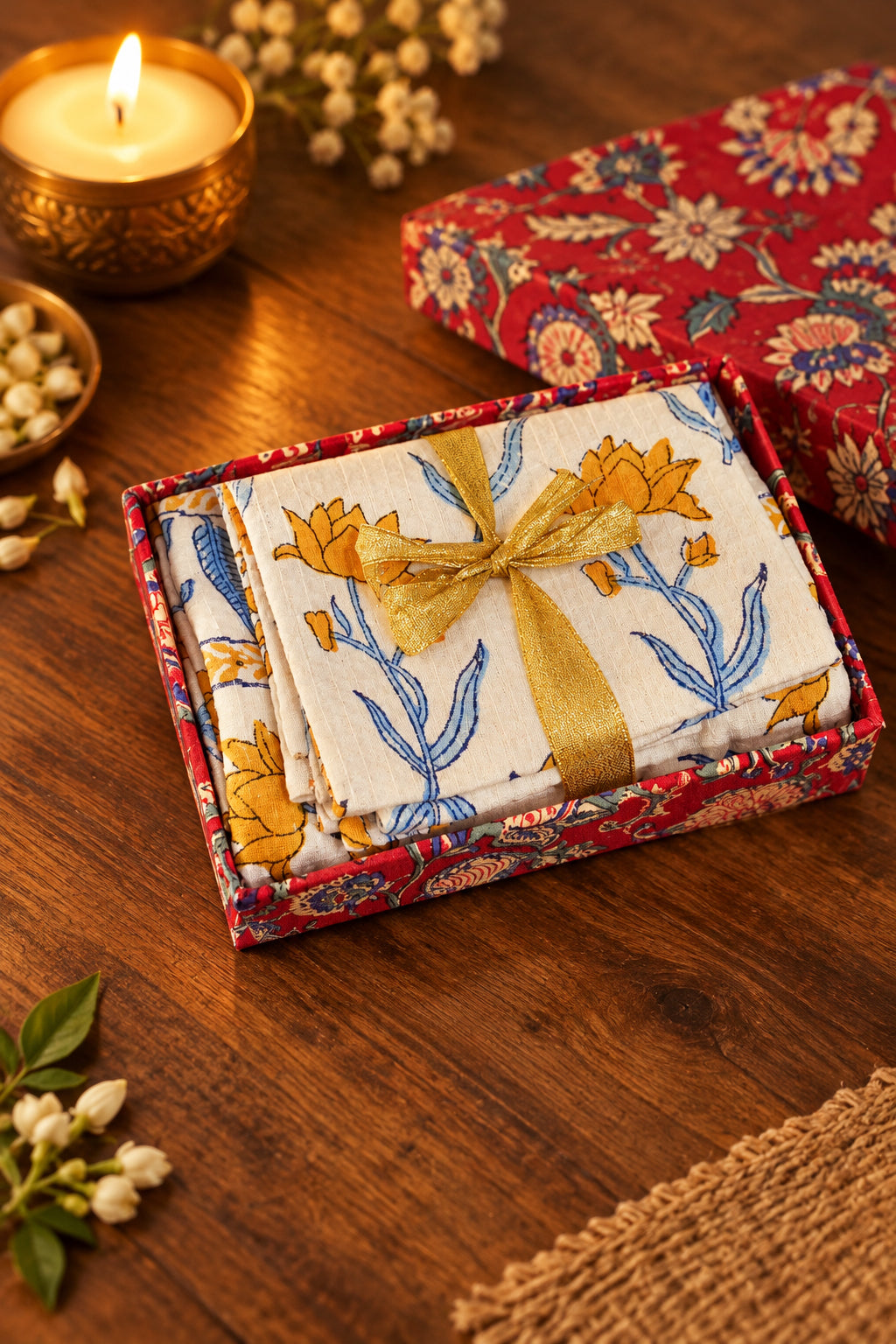 A folded white fabric item with a blue floral and yellow-orange botanical print is presented in a matching patterned gift box tied with a gold ribbon, set on a wooden table with decorative candles and flowers.