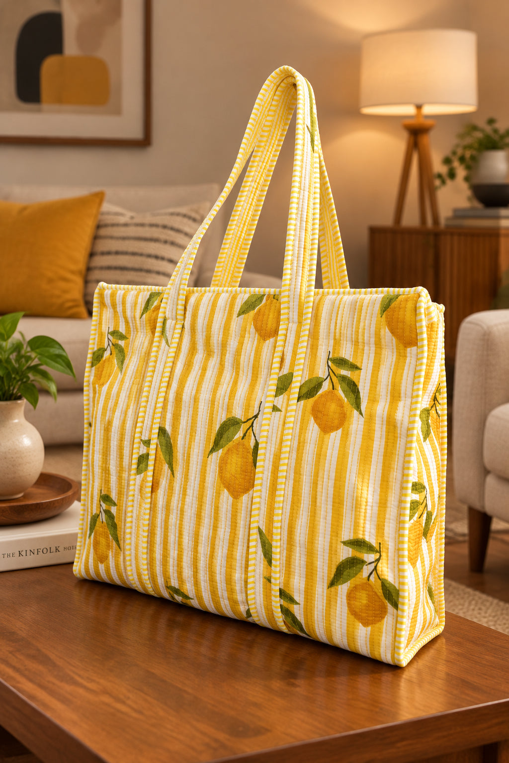 A yellow and white striped tote bag with a lemon print sits on a wooden coffee table in a cozy living room setting.