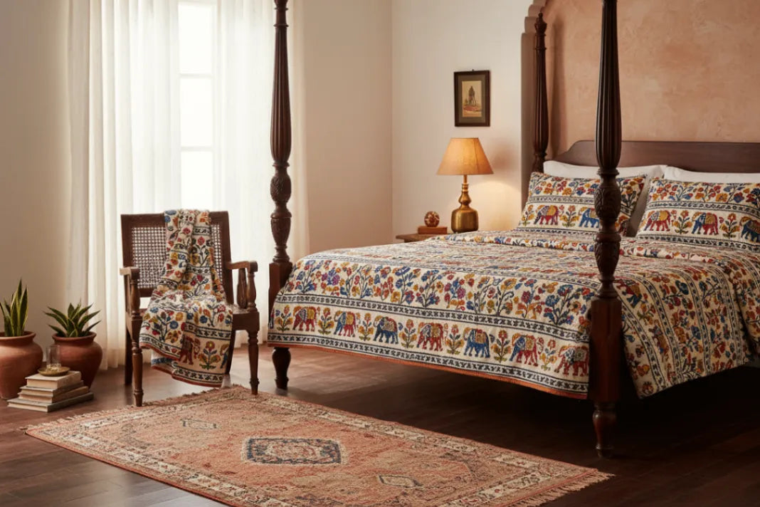 Bedroom with a four-poster bed covered in a colorful elephant-patterned quilt, a chair with a matching cover, and a lamp.